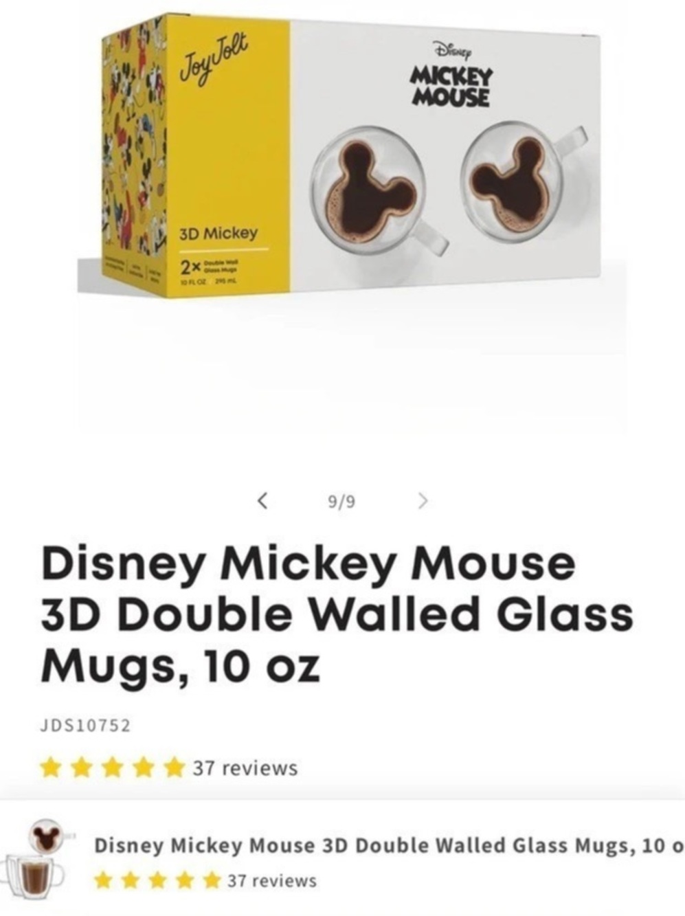 JoyJolt Disney Mickey Mouse 3D Double Walled Glass Mugs Glass Mugs - new, no box